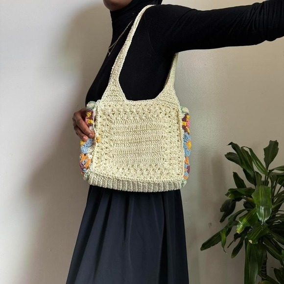 Vintage‎ 90s/Y2K Faded Glory Floral Crochet Paper Straw Tote Bag - Picture 4 of 6